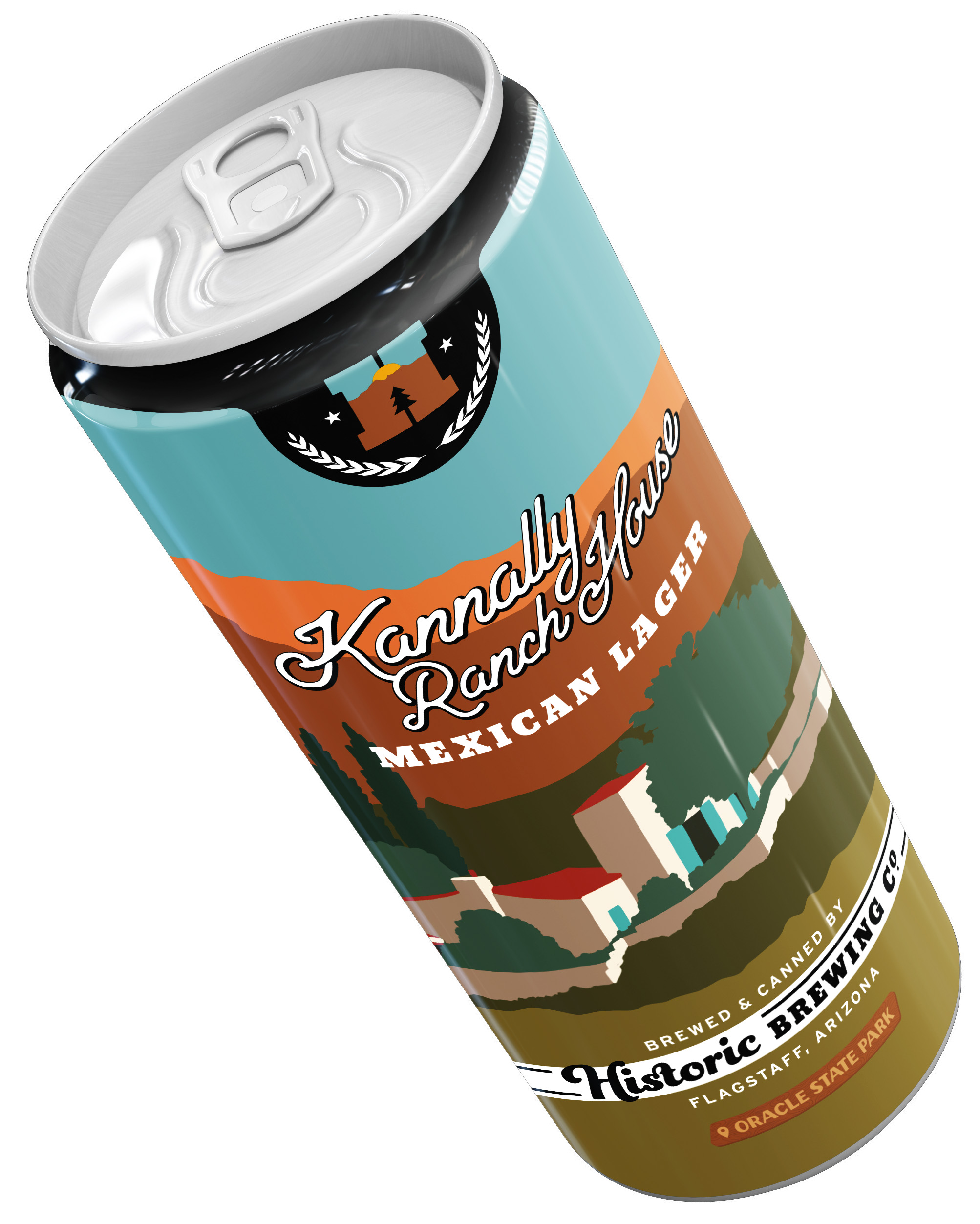 A beer can from Historic Brewing Company. The specialty is a Mexican lager featuring the Historic Kannally Ranch House at Oracle State Park.