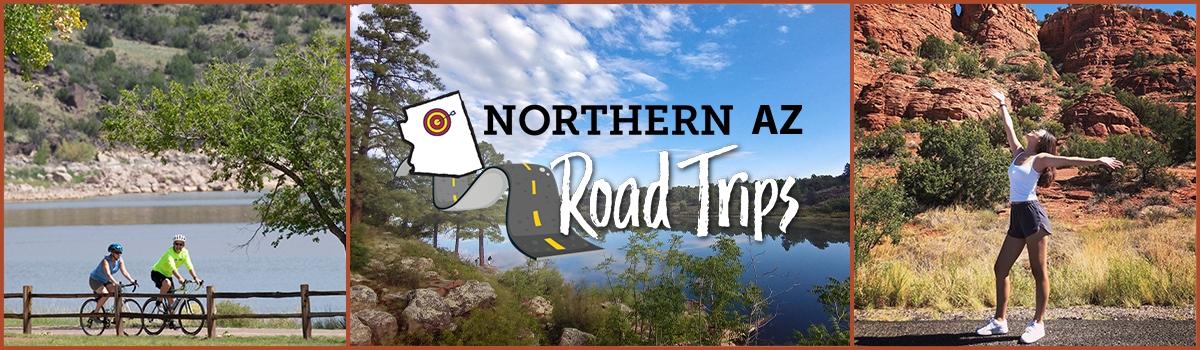 Northern AZ Road Trip Examples. COuple biking near shore of Lyman lake, Fool hollow Lake Panoramic shot, Woman celebrating nature at Red Rock State Park. 