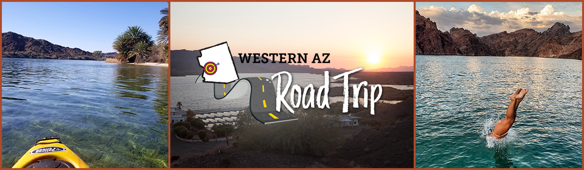 Western AZ Road Trip Ideas. Kayaking at Cattail Cove, Sunset on the Colorado River, Diving into Lake Havasu.