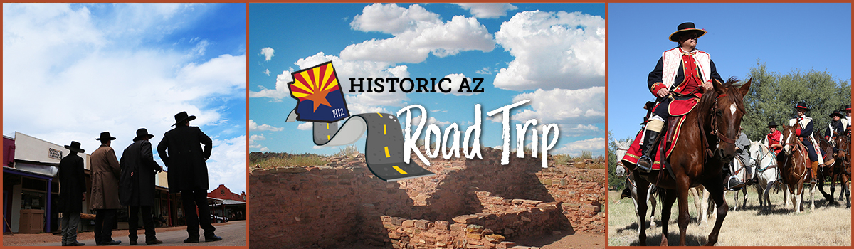 Historic Road Trip Destinations. Gunfighters in the street at Tombstone, Homolovi Ancestrial Ruins, COnquistadors on horseback at Tubac.