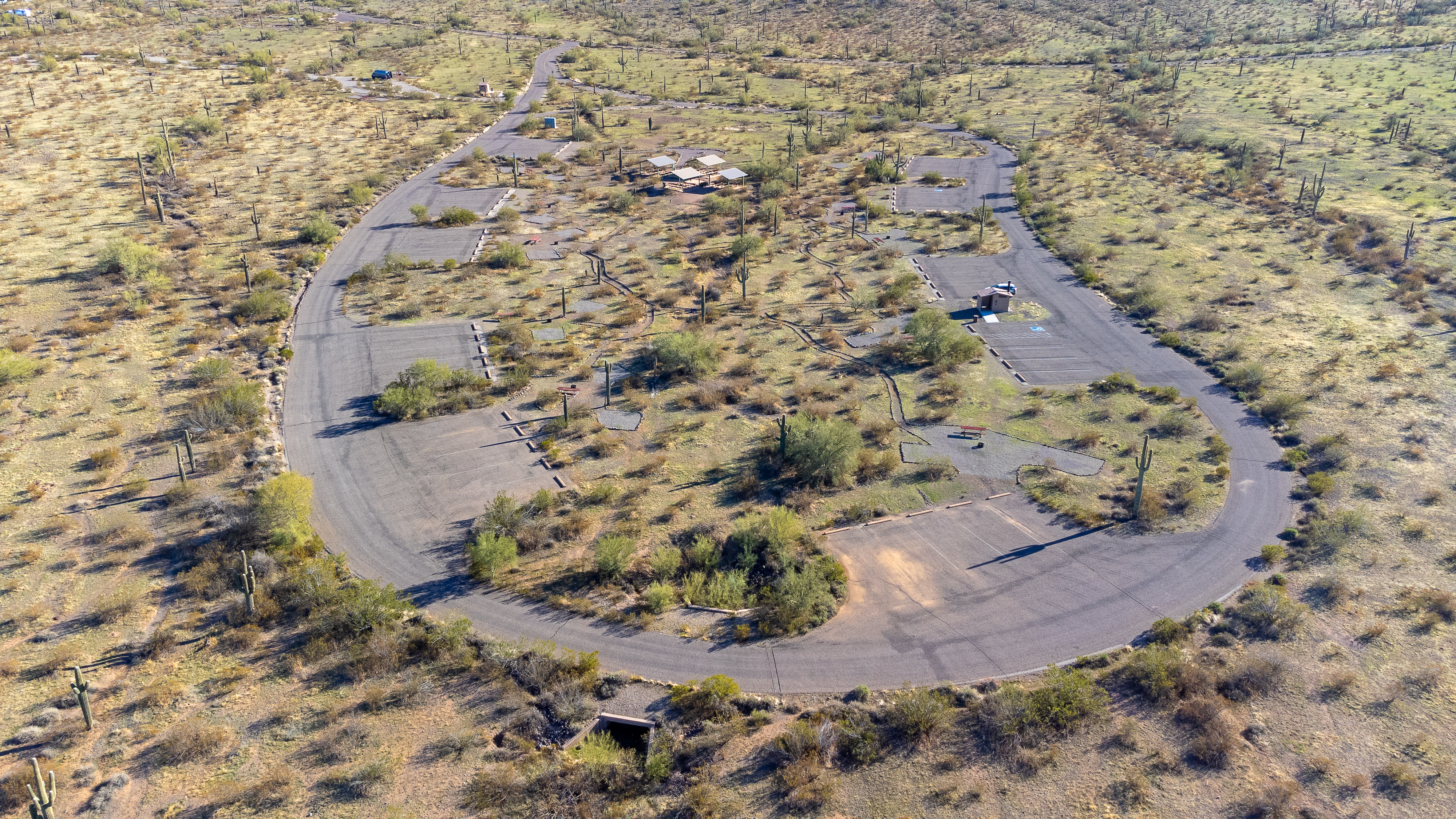 An overhead view of the Quail group camping area