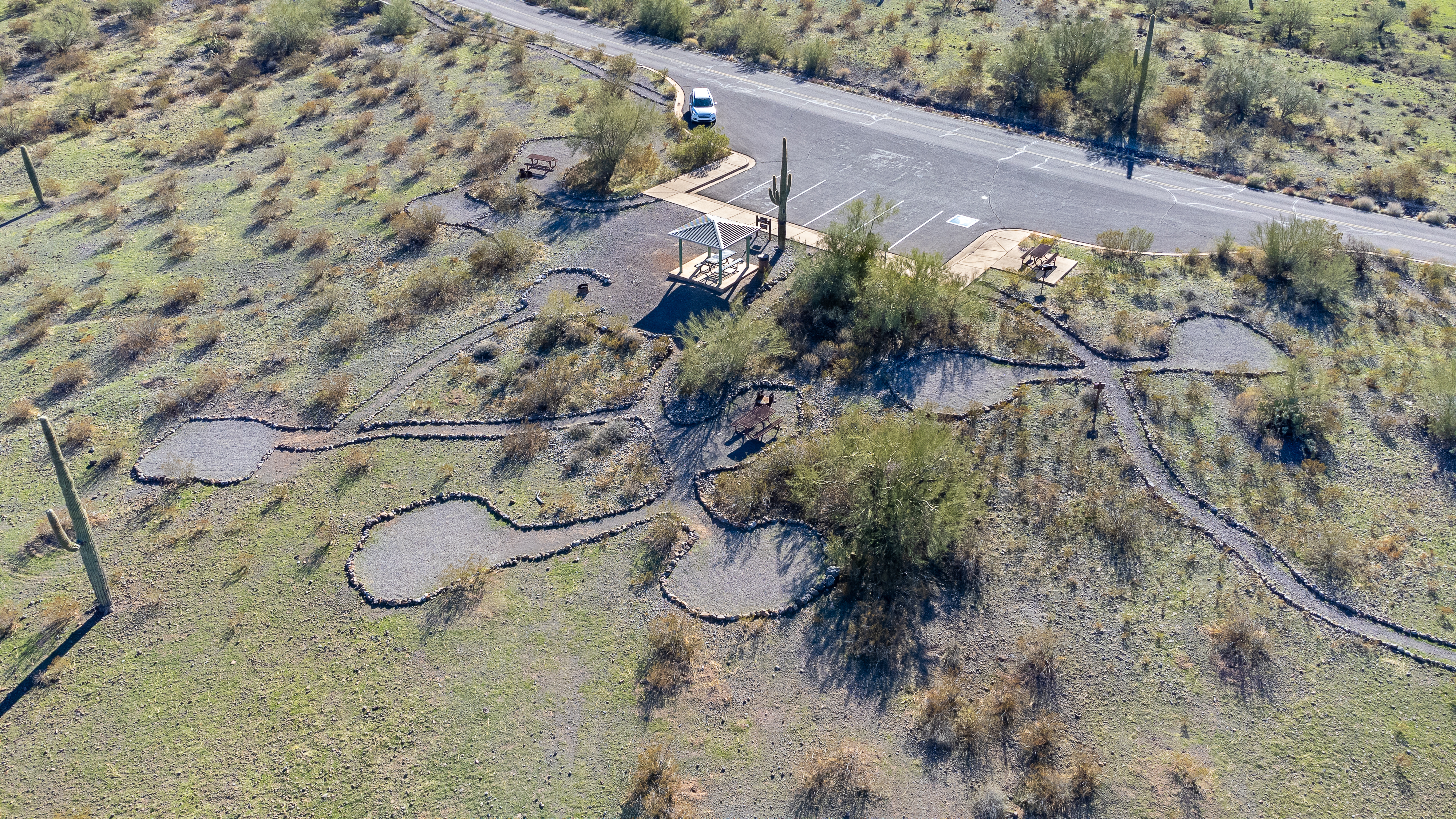 An overhead view of the Raven group camping area