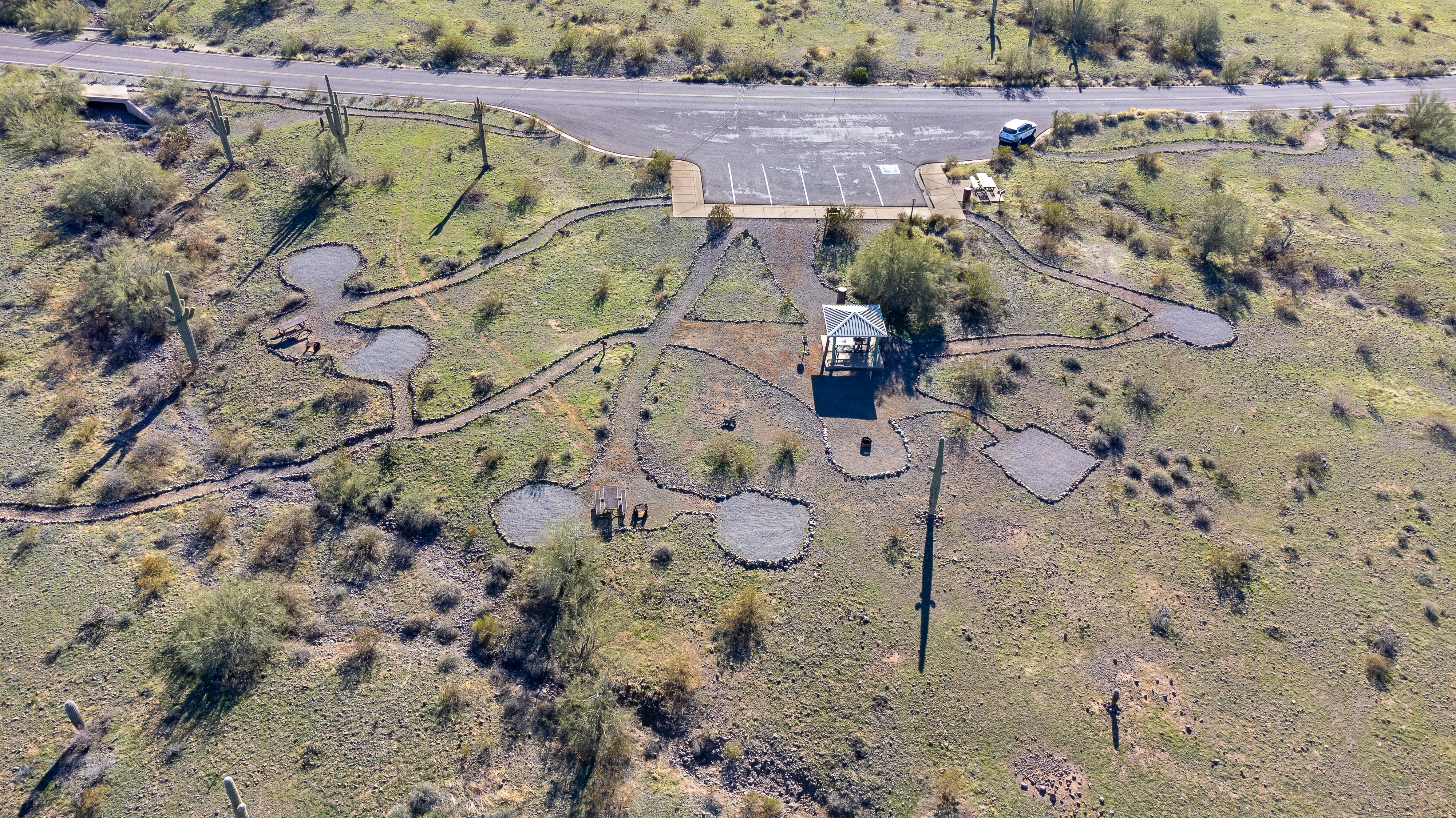 An overhead view of the Roadrunner group camping area