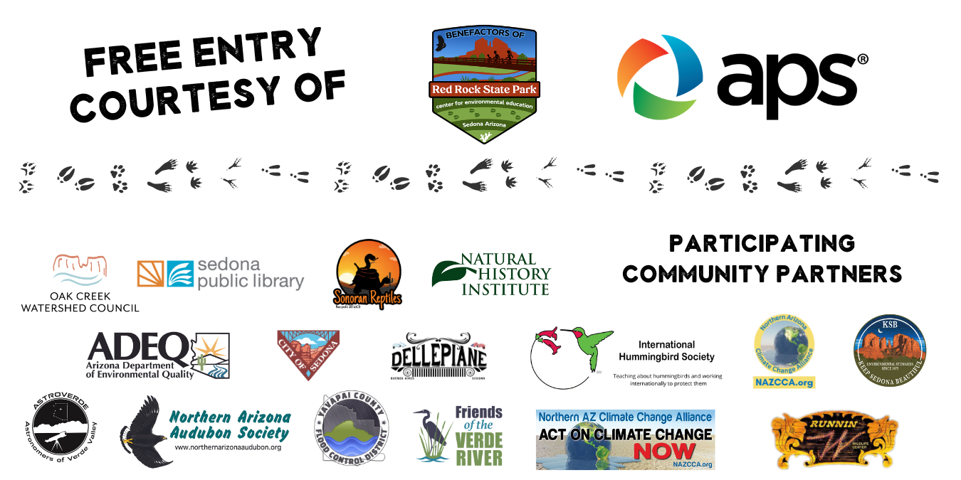 Free entry courtesy of the Benefactors of Red Rock State Park and APS. Participating Community Partners logos displayed include Oak Creek Watershed Council, Sedona Public Library, Natural History Institute, Norther Arizona Audubon Society and more.