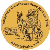 Tombstone Courthouse Junior Ranger Button, featuring Rocky Ringtail