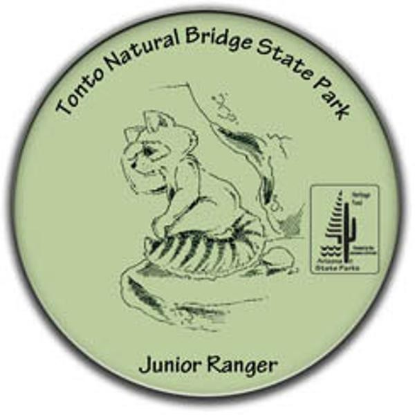 Junior Ranger Button for Tonto Natural Bridge State Park, featuring Rocky Ringtail