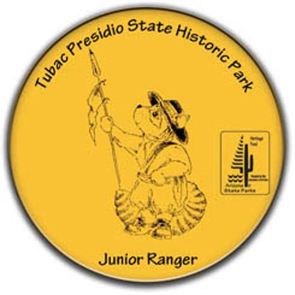 Junior Ranger Button for Tubac Presidio, featuring Rocky Ringtail
