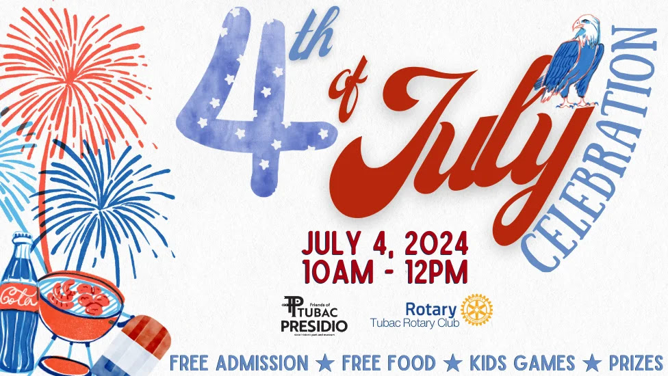 An event banner depicting red, white, and blue watercolor illustrations of a bald eagle, a grill, a bomb popsicle, and a bottle of Coca-Cola.