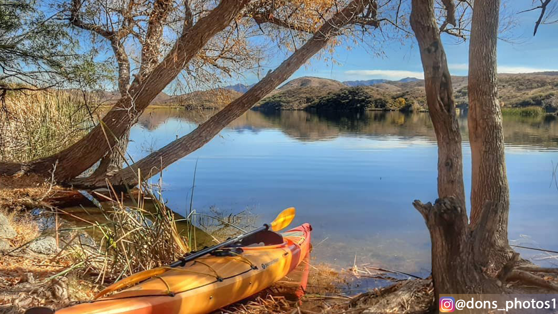 A kayak is parked in a remote section of the lake.Patagonia Lake Spring Break