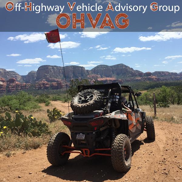 AN OHV negotiating a dirt trail in the Sedona Area with overlay Off Highway Vehicle Advisory Group