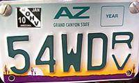 RV license Plate indicasting that the vehicle has been titled in the State of Arizona