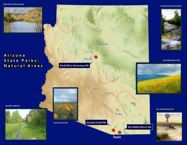 Natural Areas Program Advisory Committee- NAPAC graphic that showcases Arizona's state natural areas. 
