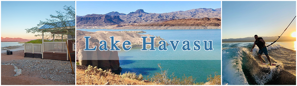 Three photo collage. Arizona Lakes- Lake Havasu cabon, wide angle view of Lake Havasu, and a man wakeboarding at sunset.