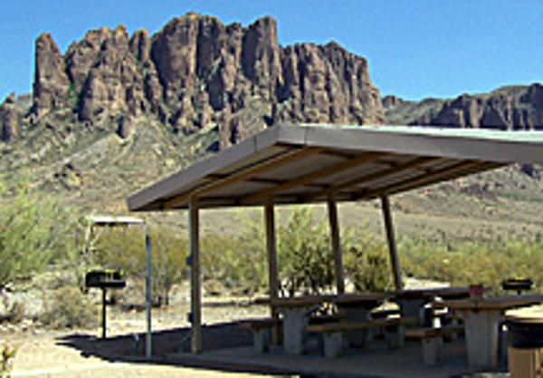 Saguaro Group Ramada in Lost Dutchman State Park at the base of the Superstition Mountains.