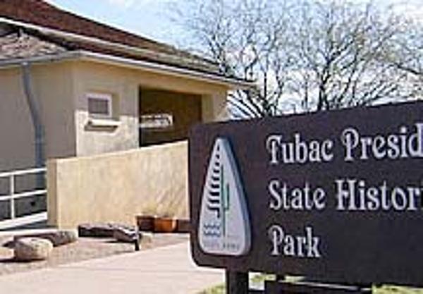 Tubac Presidio State Historic Park sign in front of main building