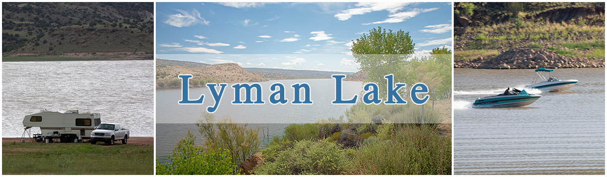 Three photo collage. Arizona Lakes- Lyman Lake camping on the lake shore, wide view of Lyman Lake, boats racing at Lyman Lake.